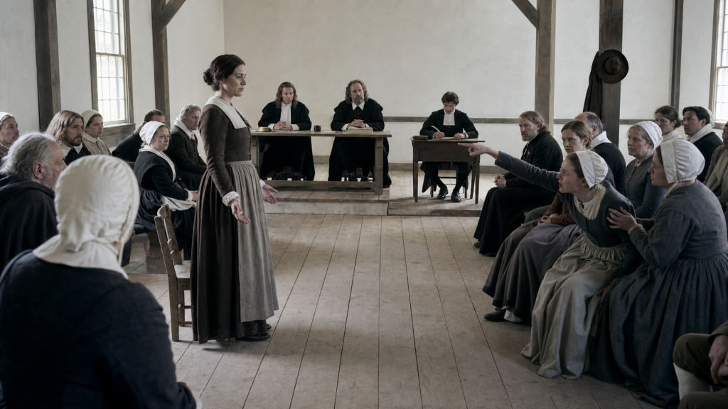 Illustrative reconstruction of a woman standing before Salem witch trials magistrates