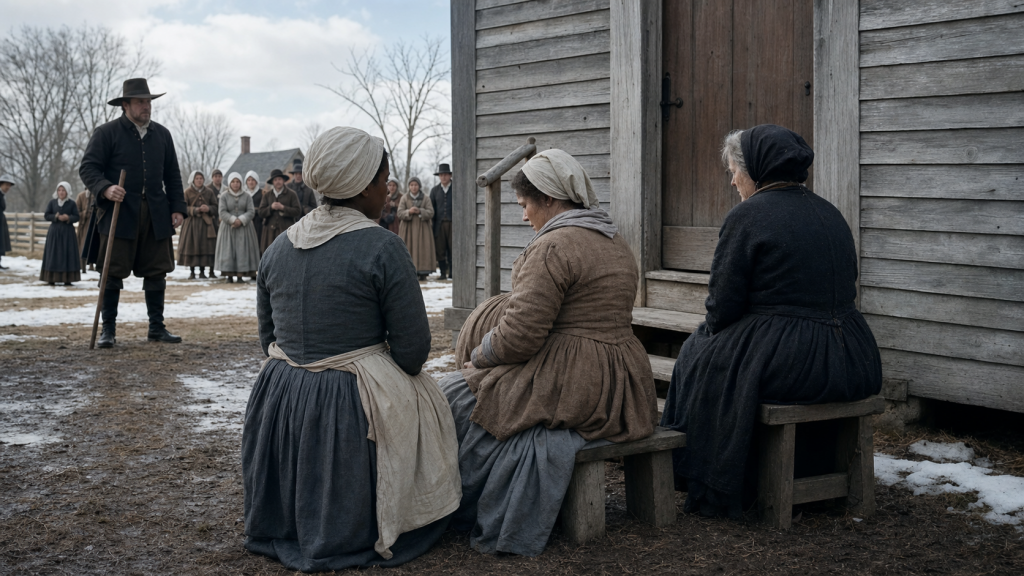 Illustrative reconstruction of accused women in Salem Village watched by a Puritan official