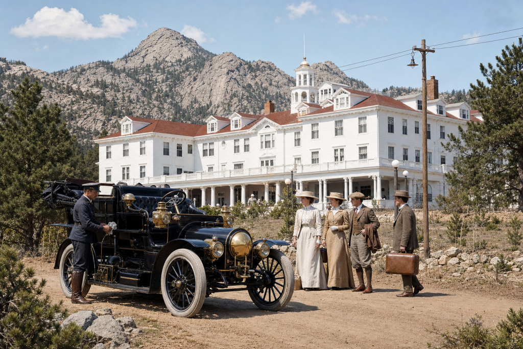 Period-dressed travellers with a Stanley Steamer outside the Stanley Hotel in Estes Park.
