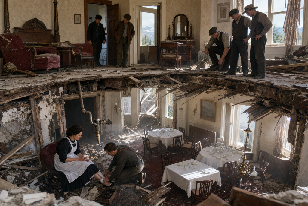 A chambermaid is helped amid dining-room wreckage after the 1911 explosion near Room 217.