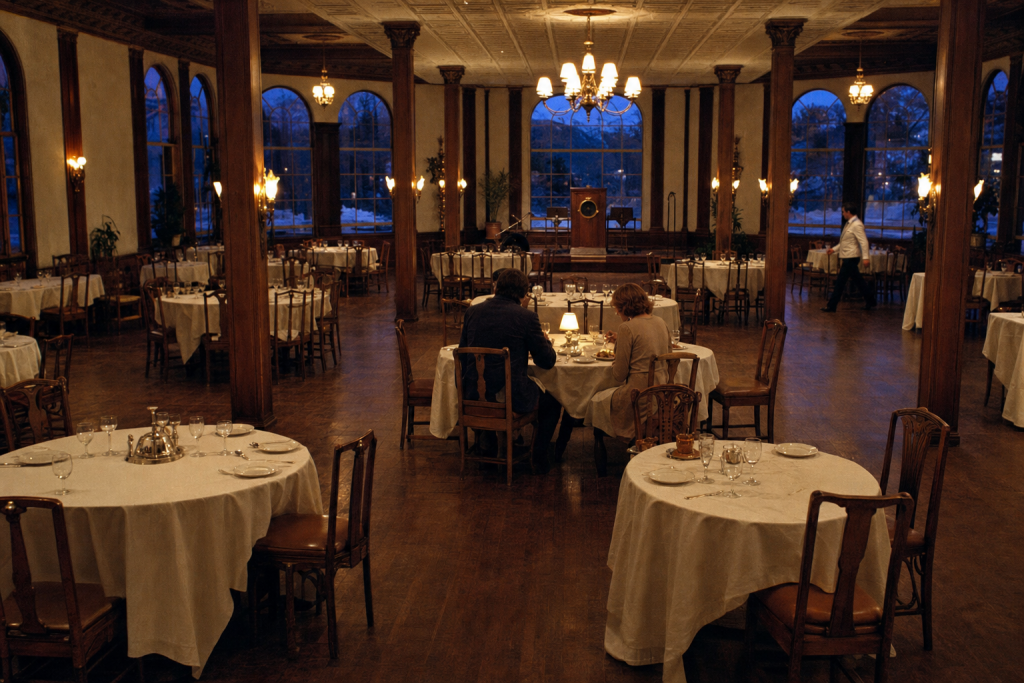 Stephen and Tabitha King dine alone in the Stanley Hotel’s nearly empty dining room in 1974.