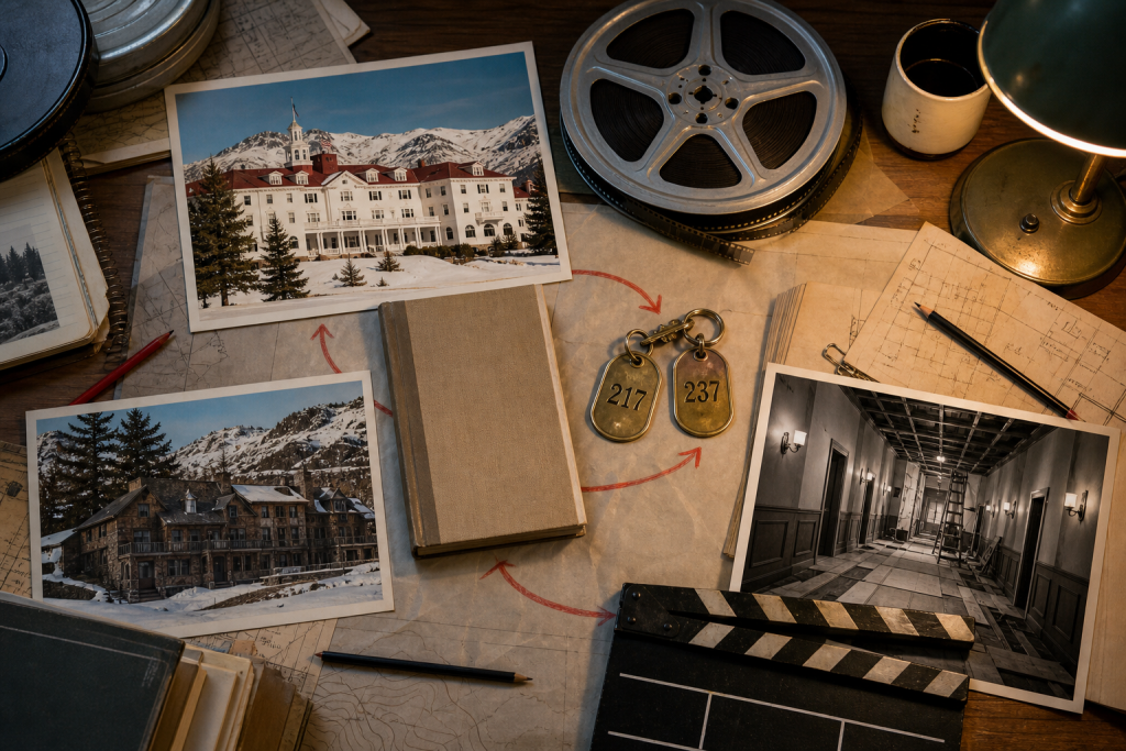 Room keys marked 217 and 237 lie among hotel photographs, plans and a film clapperboard.