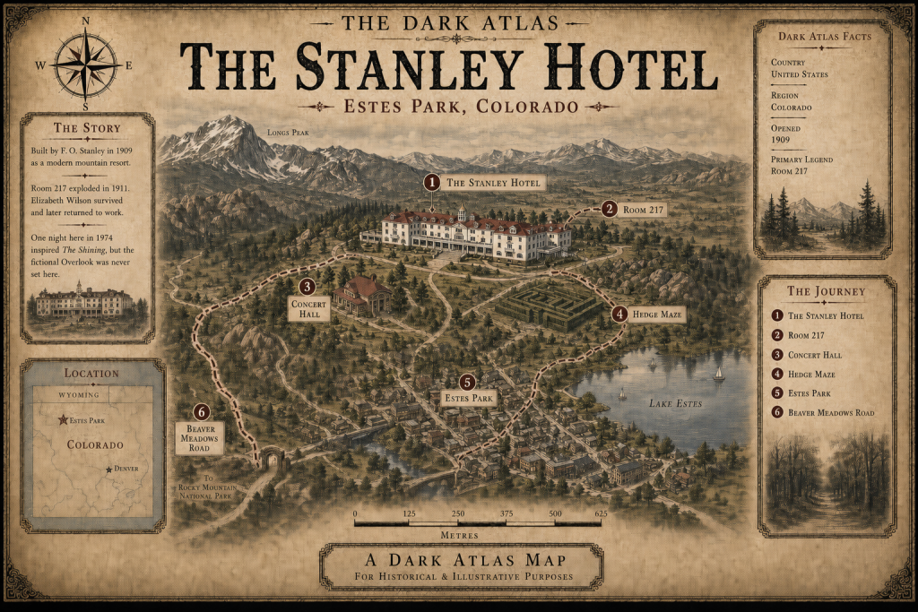 Illustrated Dark Atlas map of the Stanley Hotel grounds, marking Room 217, the Concert Hall and hedge maze.