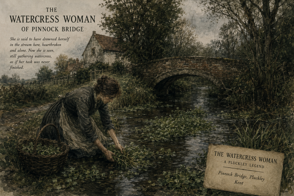 Illustration of the Watercress Woman of Pinnock Bridge, one of Pluckley’s reported ghosts