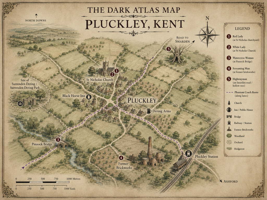 Illustrated Dark Atlas map of Pluckley, Kent, marking reported ghost locations
