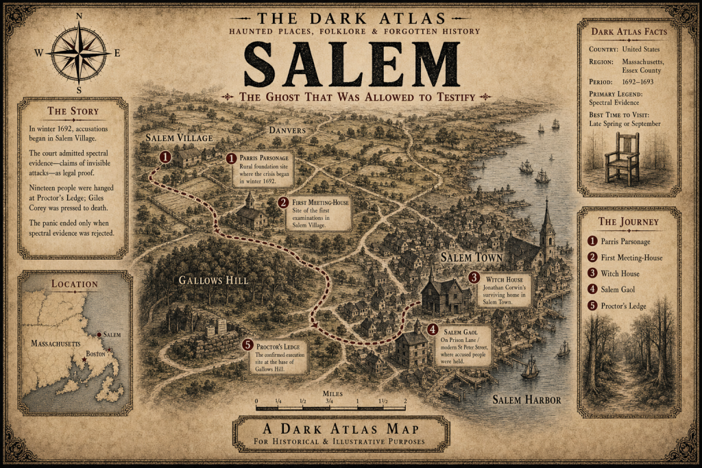 Illustrated Dark Atlas map of Salem showing key witch trials sites and Proctor’s Ledge